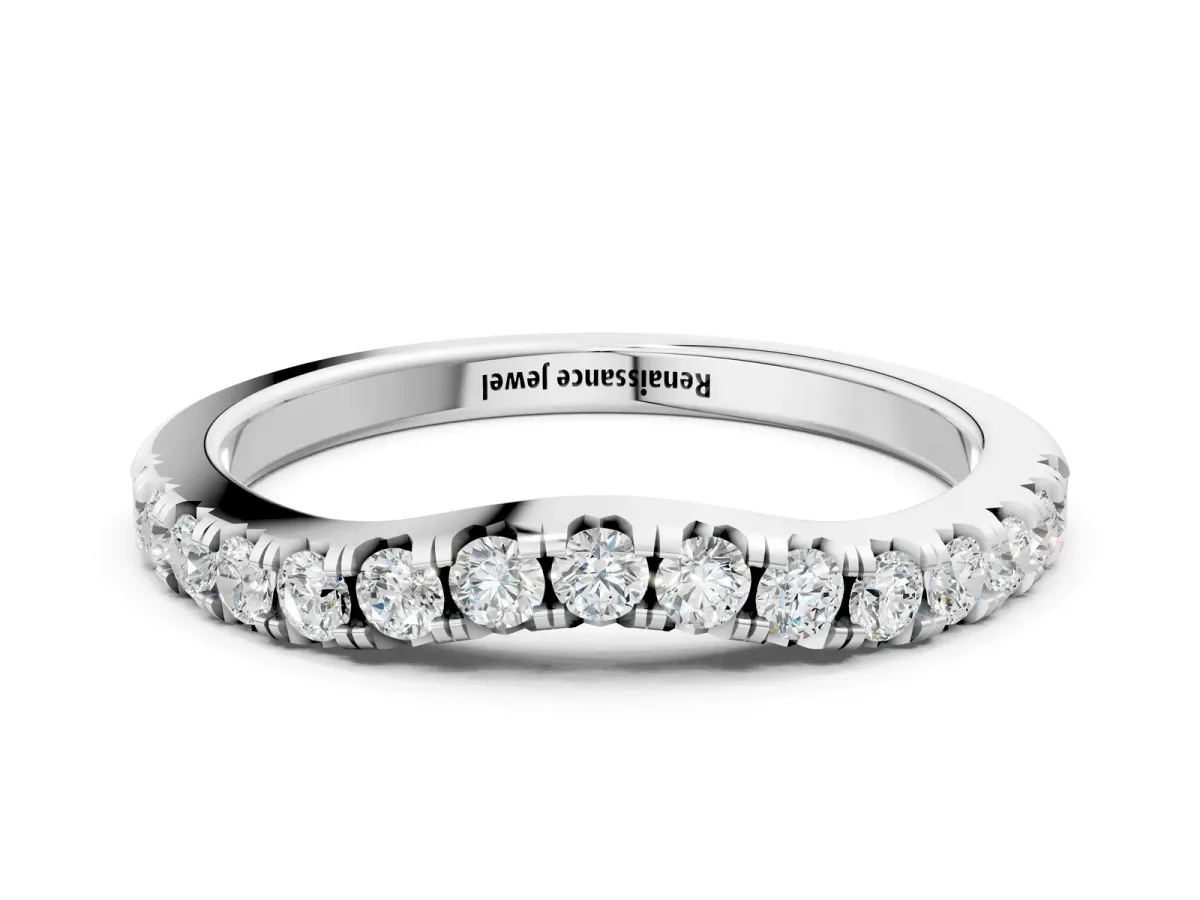 Round Diamond Curved Pavé Wedding Band with Shared Prong Setting Silver