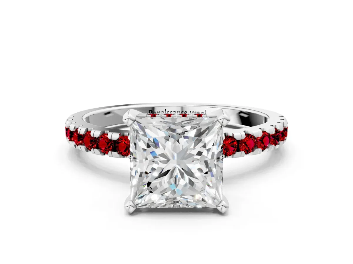 Princess Cut Diamond Solitaire Ring with Round Ruby Pavé Band and Four-Prong Setting Platinum