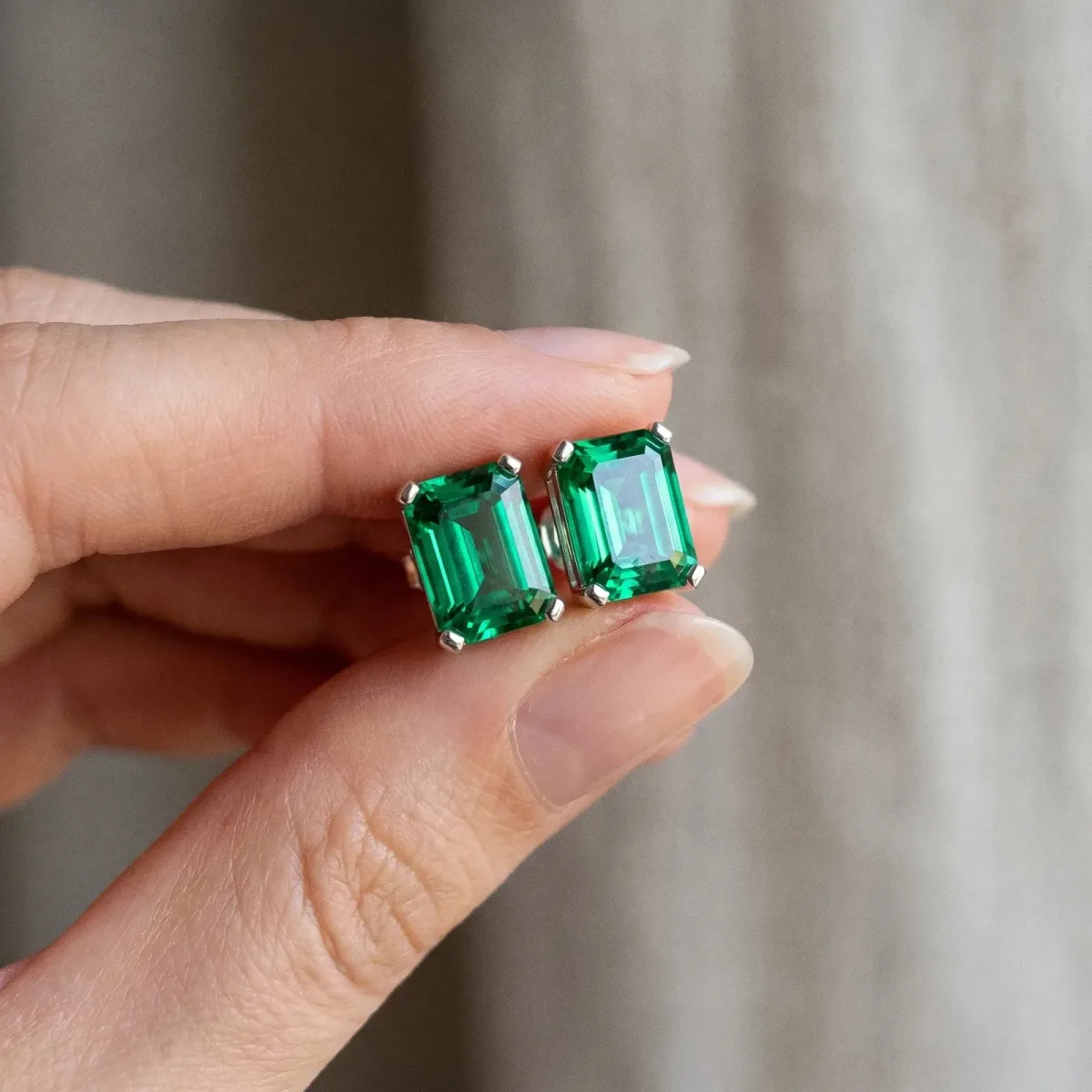 Emerald Cut Emerald Stud Earrings Silver
