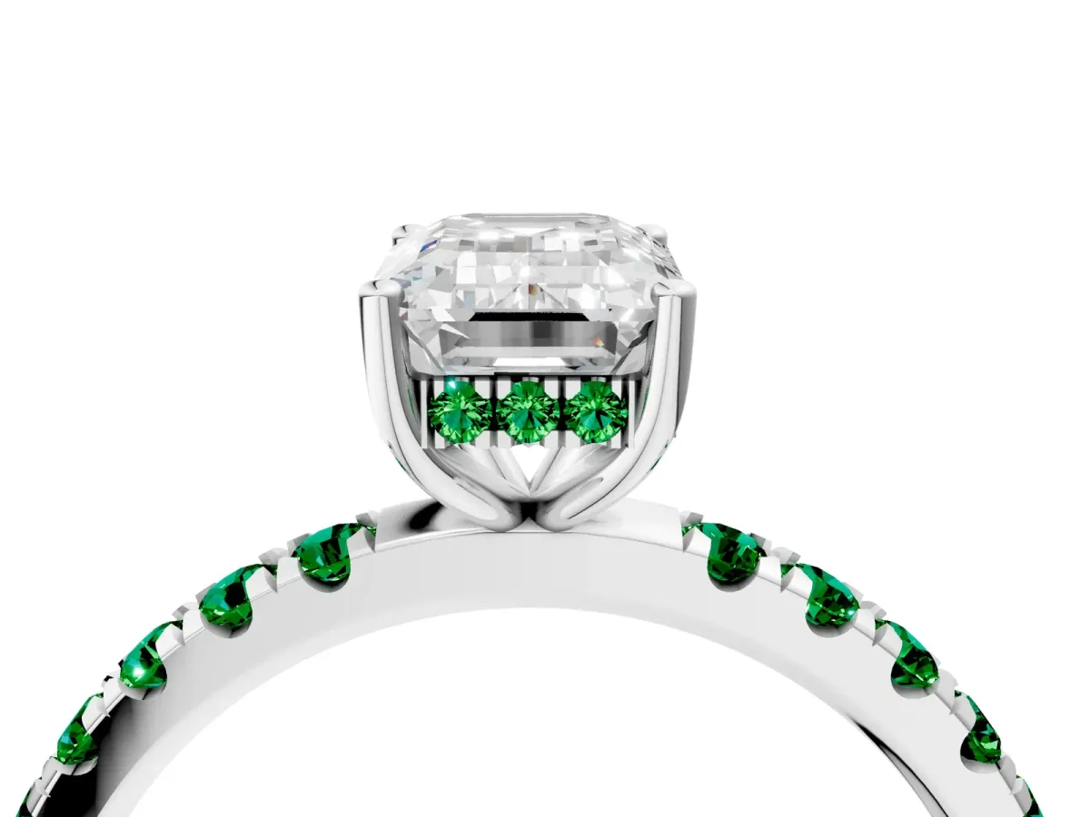 Emerald Cut Diamond Pave Band Solitaire Ring with Round Emerald and Prong Setting Silver
