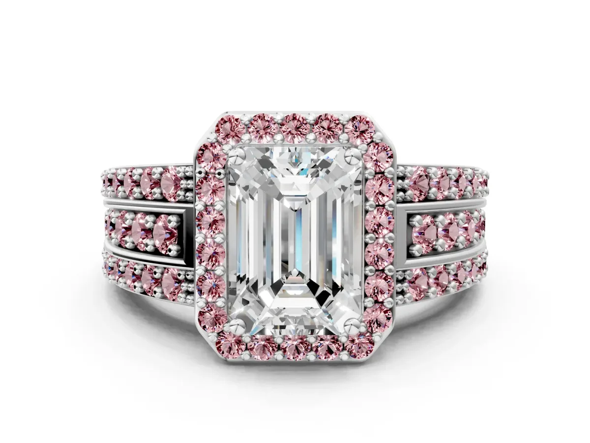 Emerald Cut Halo Diamond Ring with Round Morganite Split Shank and Prong Setting White gold