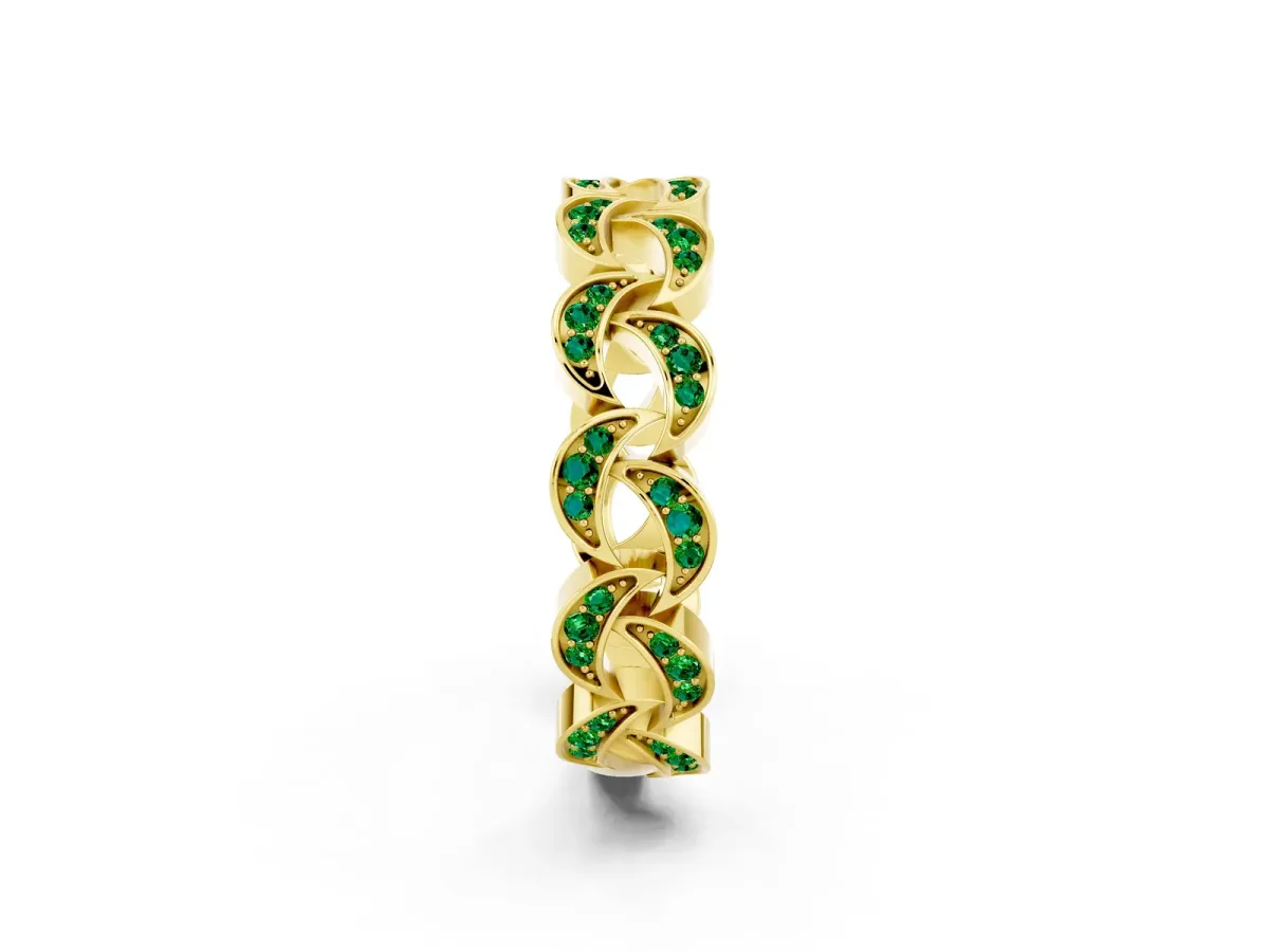 Pavé Round Emerald Interlocking Eternity Band with Bezel Prong Setting Yellow gold