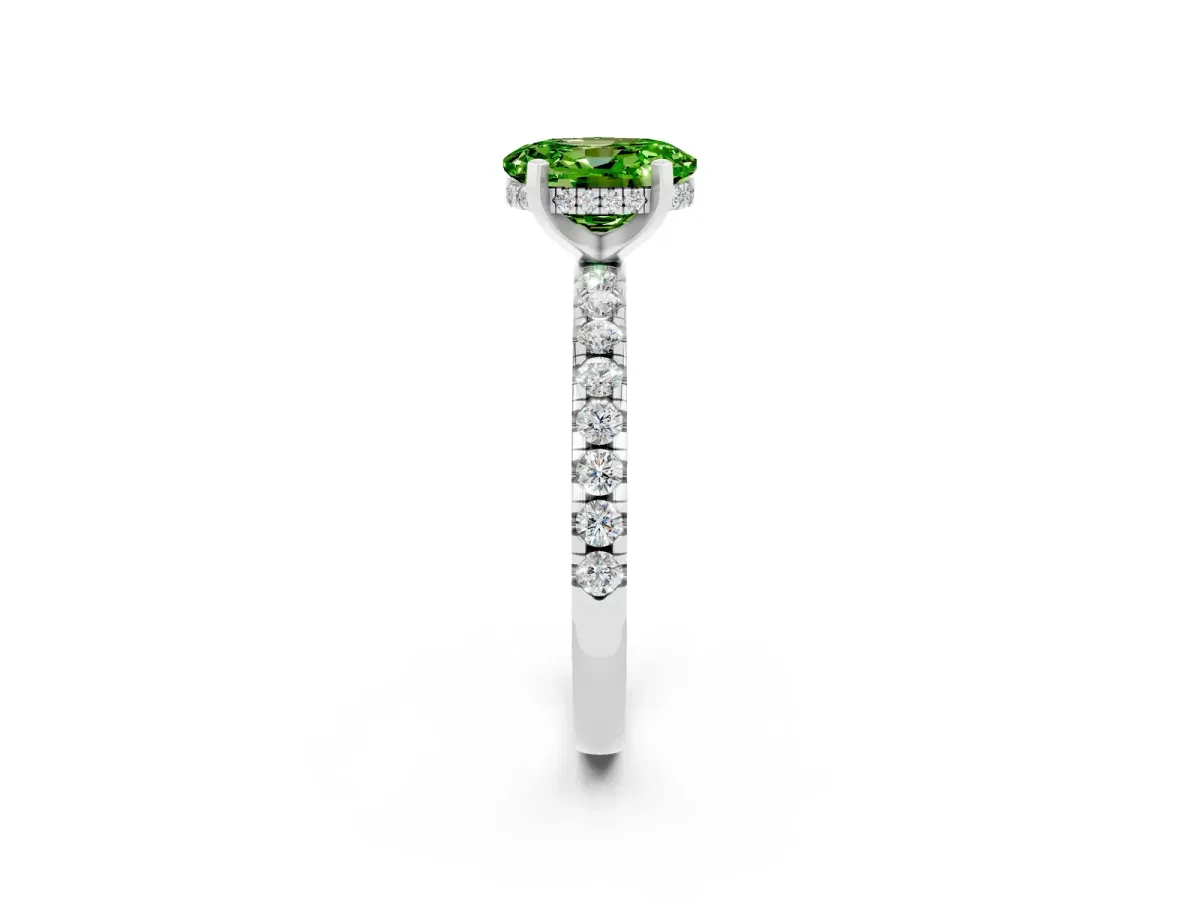 Oval Cut Peridot Solitaire Ring with Round Pavé Band and Four-Prong Setting Silver