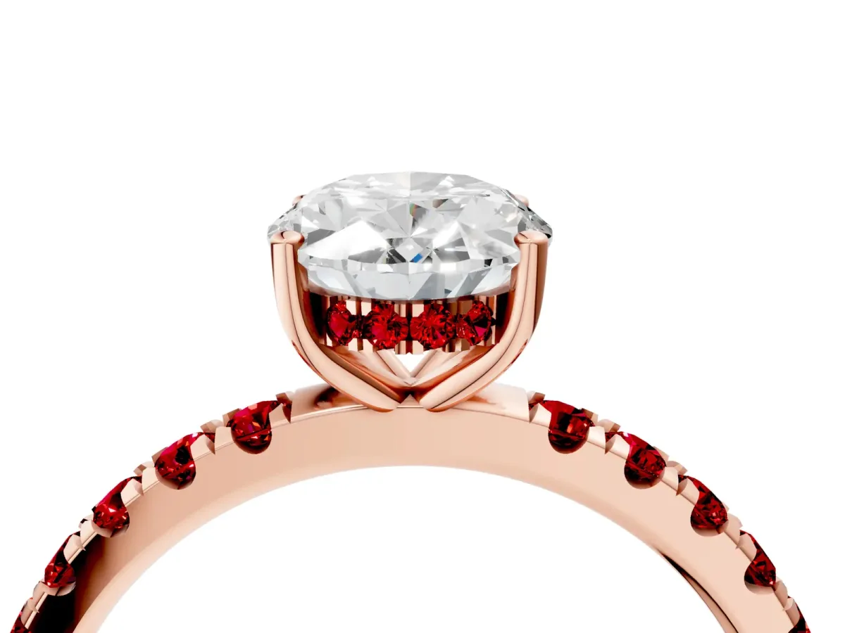 Oval Cut Diamond Pave Band Solitaire Ring with Round Ruby and Prong Setting Rose gold