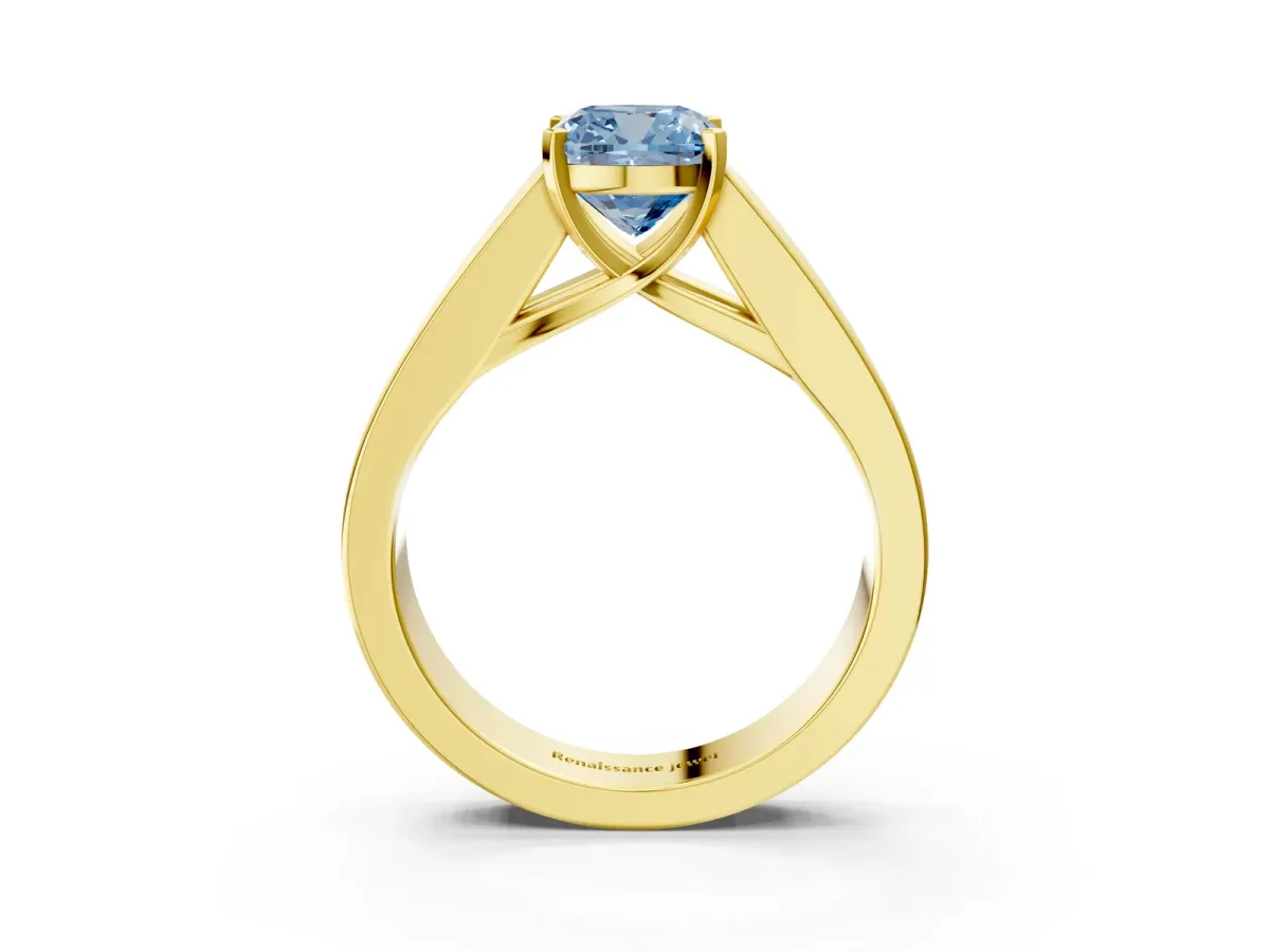 Fancy Blue Cushion Cut Cut Channel Set Solitaire Ring with Four-Prong Setting Yellow gold
