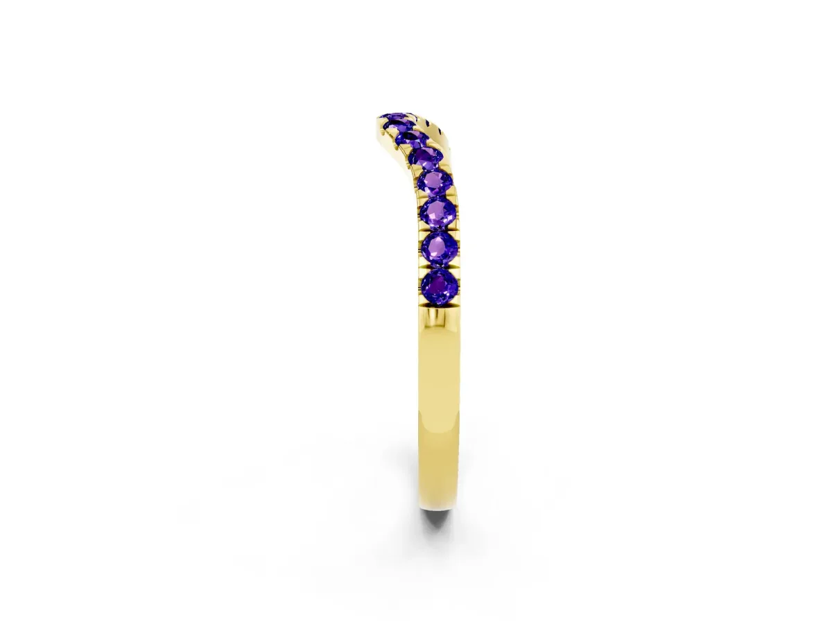 Curved Pavé Round Tanzanite Wedding Band with Shared Prong Setting Yellow gold