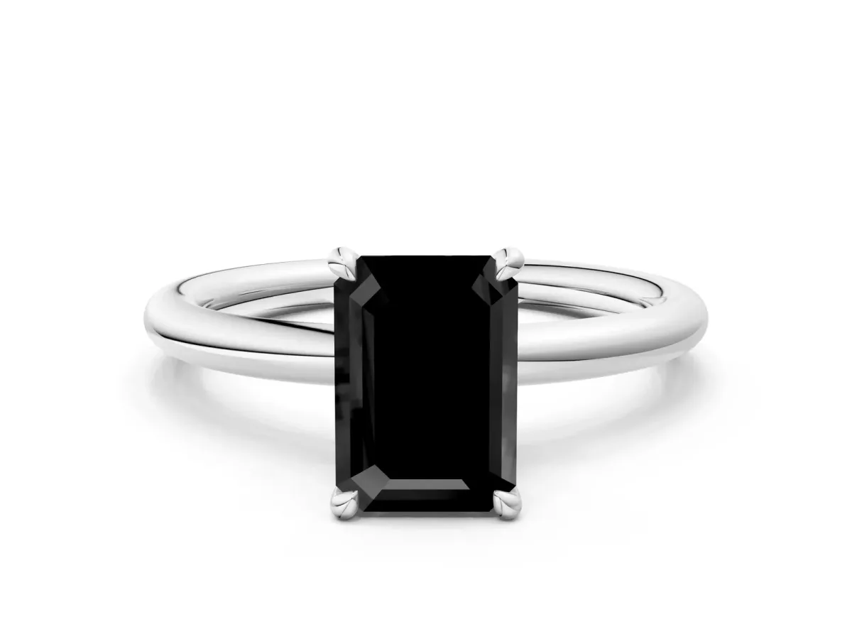 Fancy Black Emerald Cut Diamond Solitaire Ring with Thin Band and Four-Prong Setting Platinum