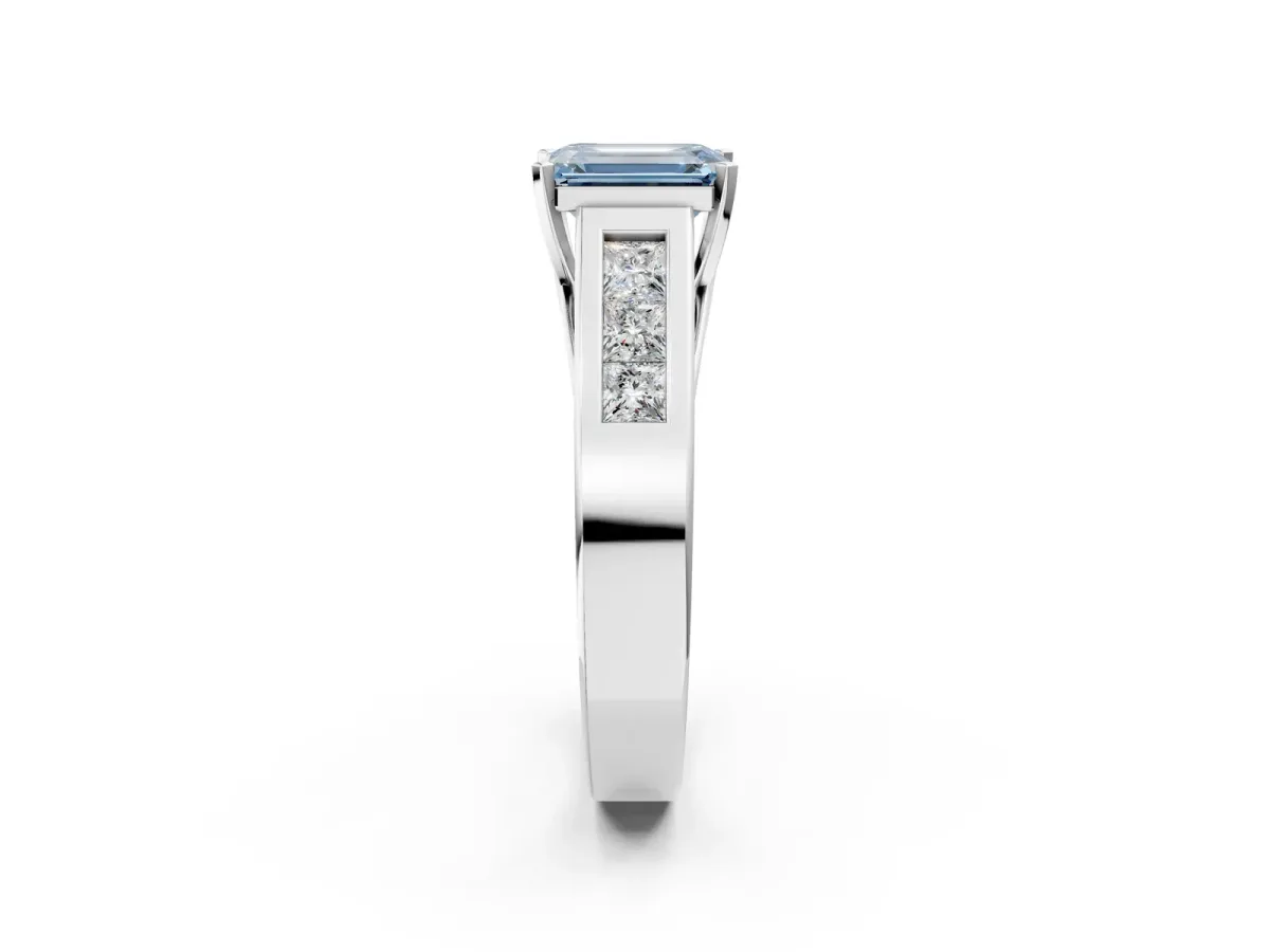Fancy Blue Emerald Cut Cut Channel Set Solitaire Ring with Four-Prong Setting Platinum