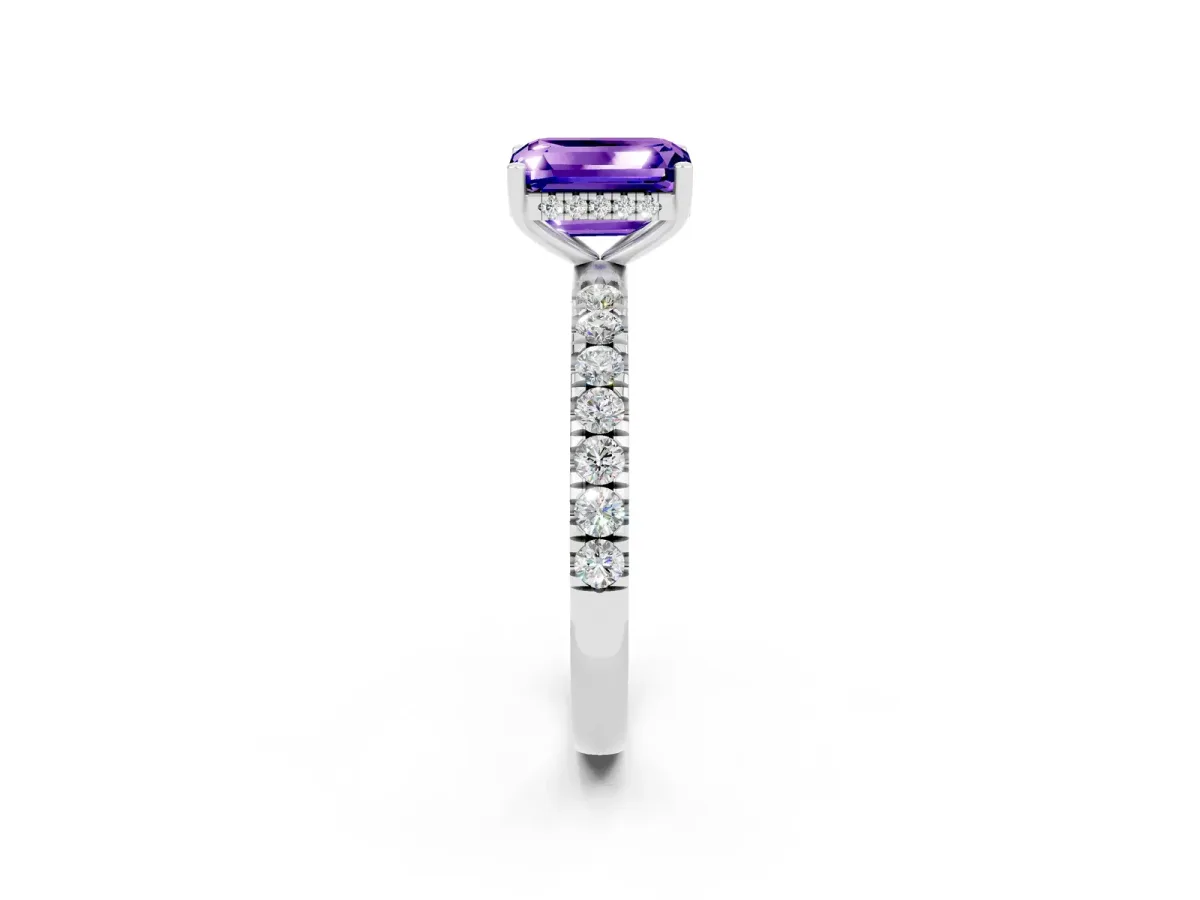 Emerald Cut Tanzanite Pave Band Solitaire Ring with Round and Prong Setting Silver