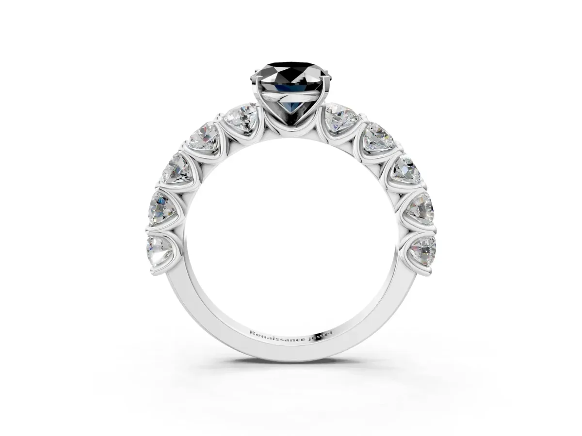Fancy Black Oval Cut Diamond Prong Setting with Side Stones on a Pave Band Silver