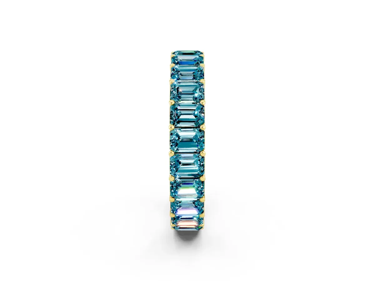 Emerald Cut Blue Topaz Eternity Band with Shared Prong Setting Yellow gold