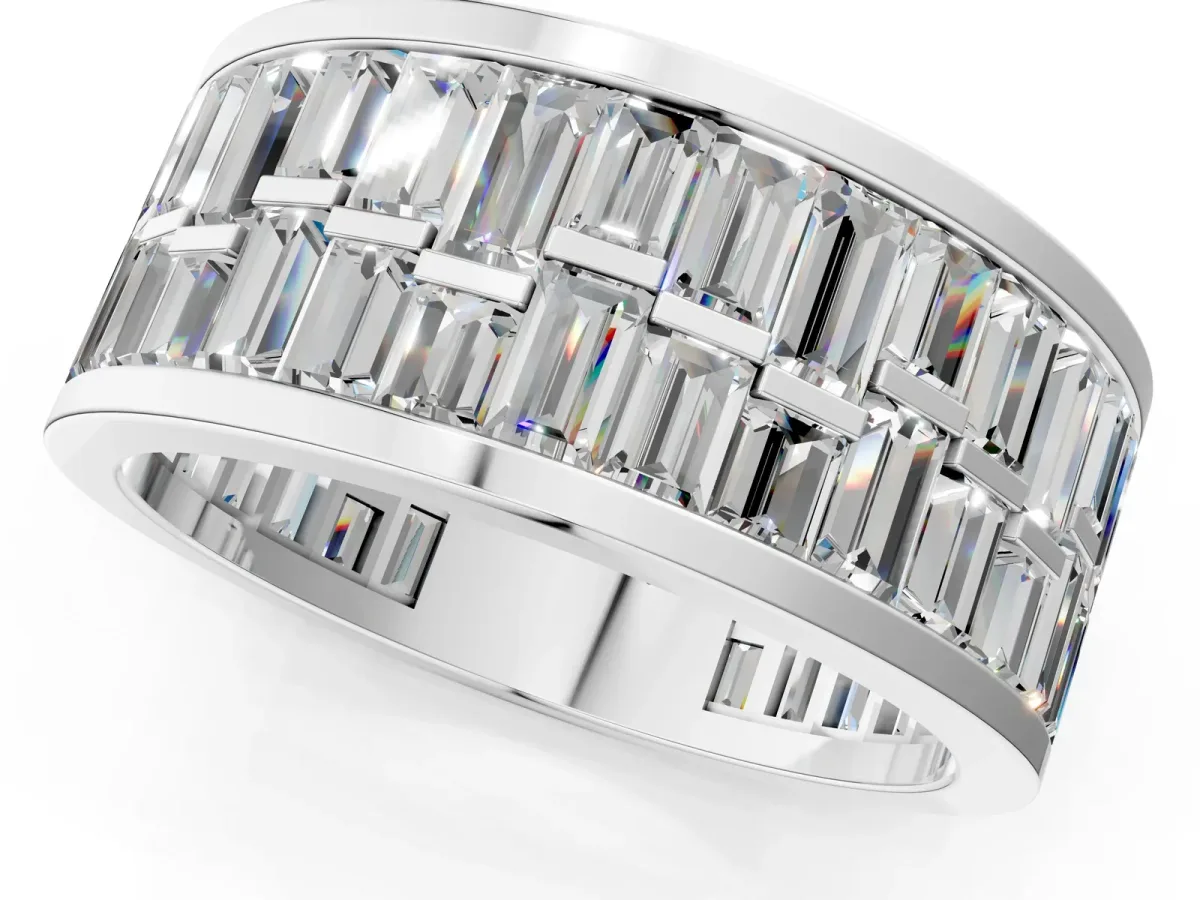 Baguette Diamond Staggered Two-Row Mens Band White gold