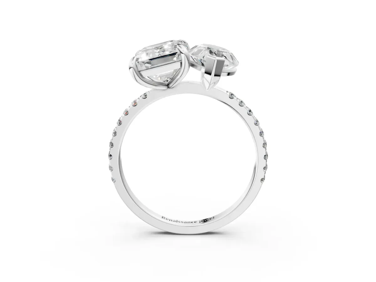 Emerald and Marquise Toi Moi Ring with Prong Setting and Micro Pave Band Silver
