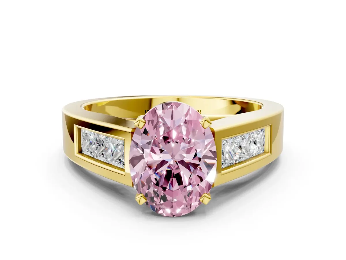 Fancy Pink Oval Cut Cut Channel Set Solitaire Ring with Four-Prong Setting Yellow gold