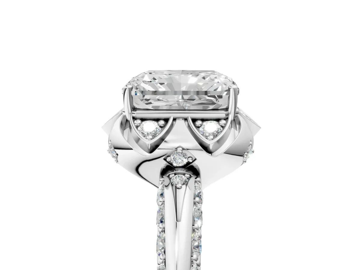 Radiant Cut Halo Split Shank Pave Diamond Ring with Petal Prong Setting Platinum