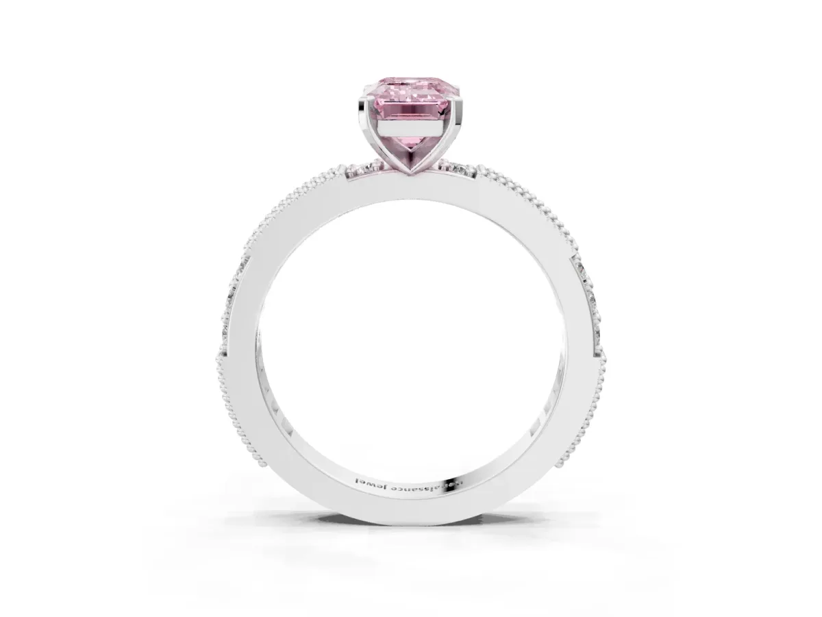 Fancy Pink Emerald Cut Solitaire with Pavé Band and Four-Prong Setting Platinum
