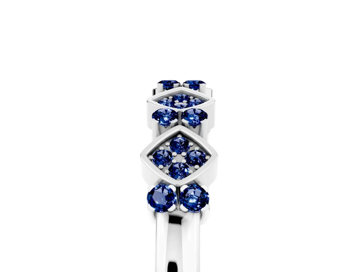 Pavé Cushion Blue Sapphire Cluster Eternity Band with Prong Setting Platinum