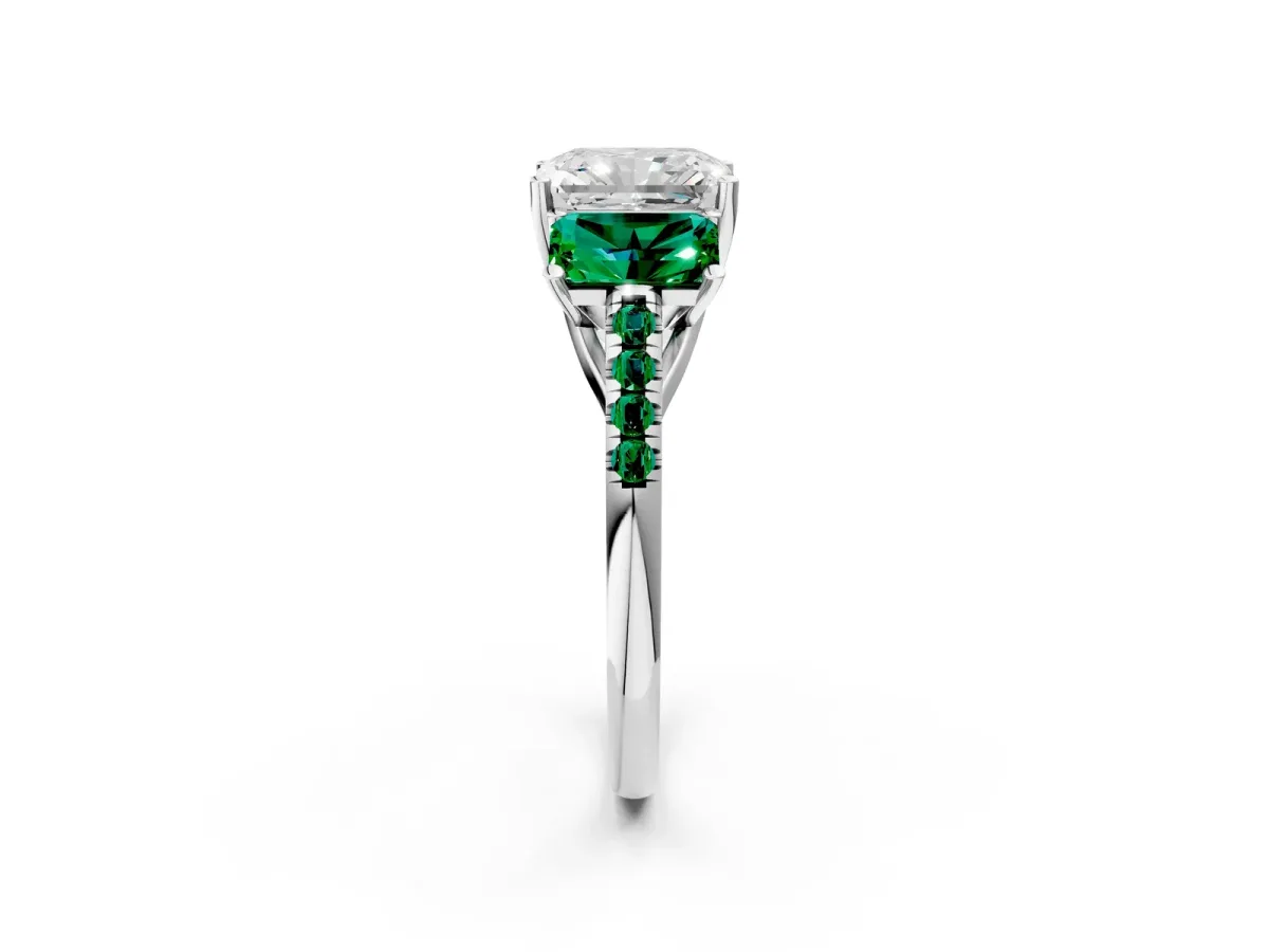 Three-Stone Radiant Cut Diamond Ring with Round Emerald Pavé Band and Prong Setting Silver