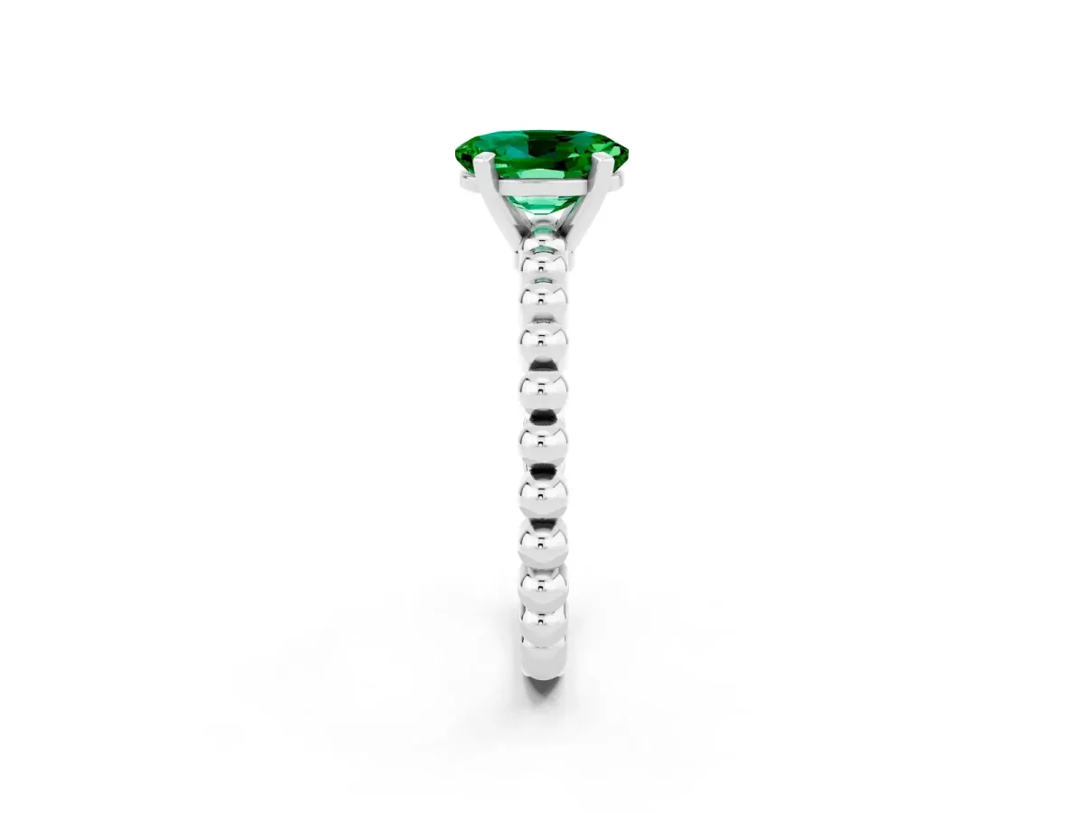 Oval Cut Emerald Solitaire Ring with Beaded Band and Prong Setting Silver