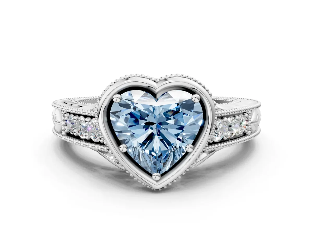 Fancy Blue Bezel Set Heart Cut Diamond Milgrain Pave Engagement Ring Platinum