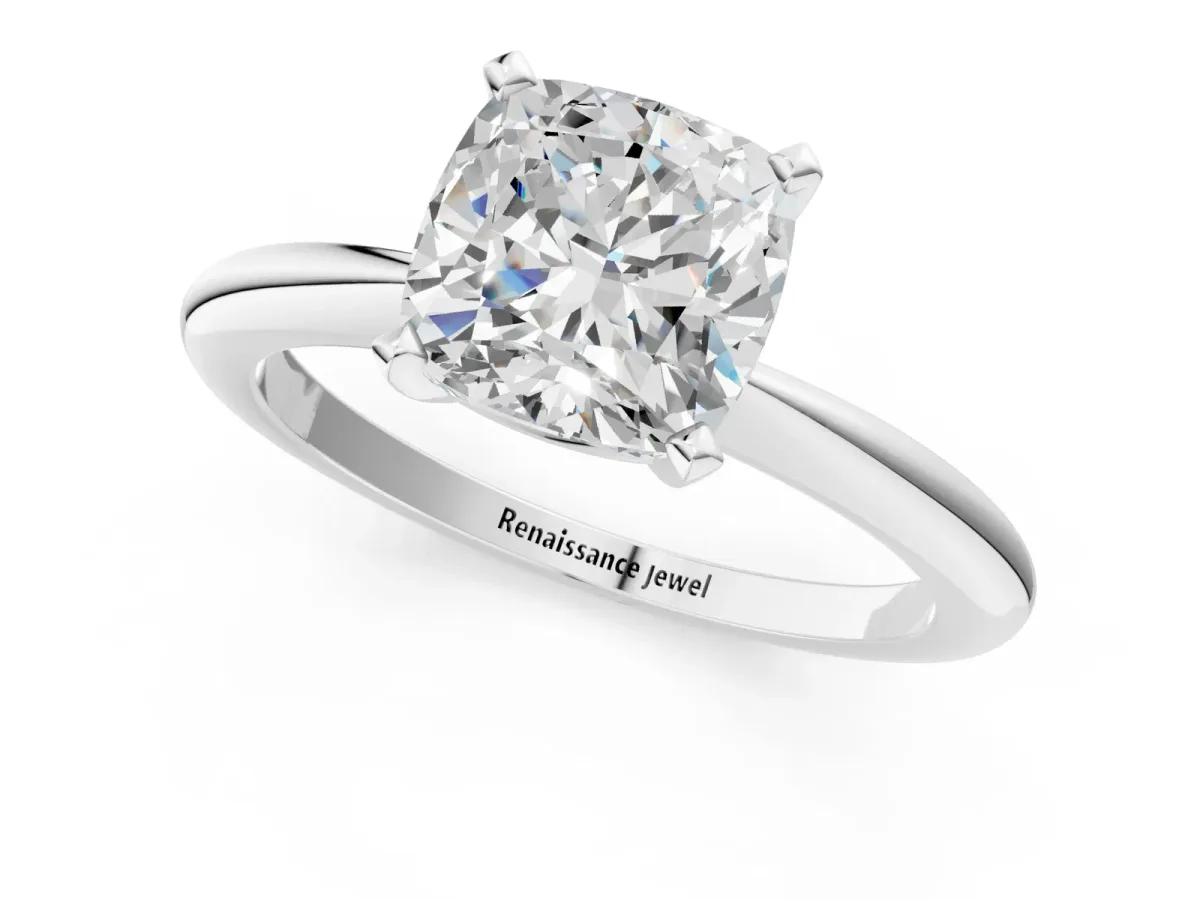 Cushion Cut Diamond Solitaire Ring with Six-Prong Setting and Classic Band Silver