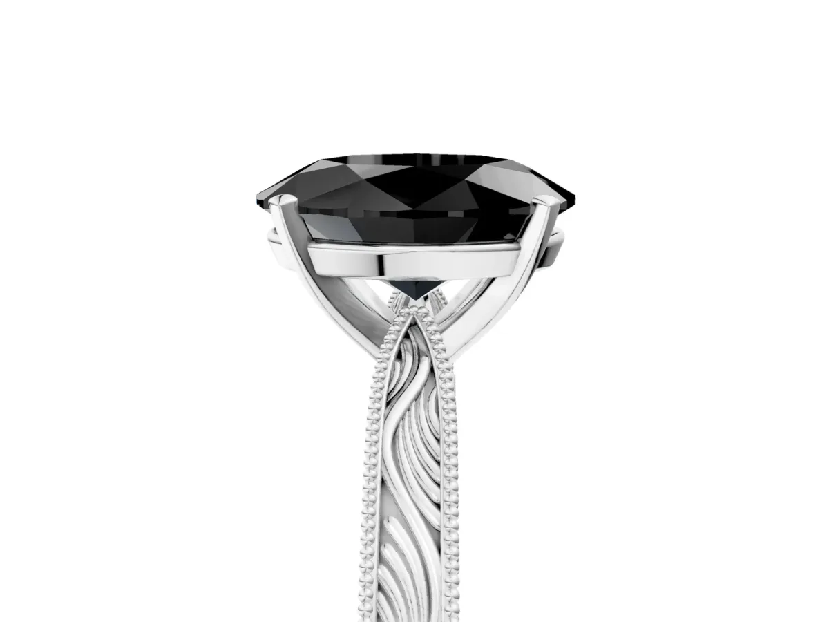 Fancy Black Oval Cut Solitaire Milgrain Engraved Band with Four-Prong Setting White gold