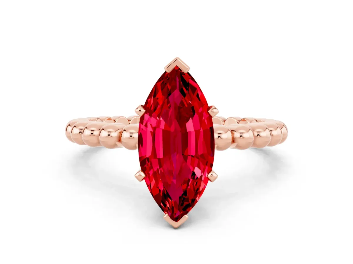 Marquise Cut Ruby Solitaire Ring with Beaded Band and Prong Setting Rose gold