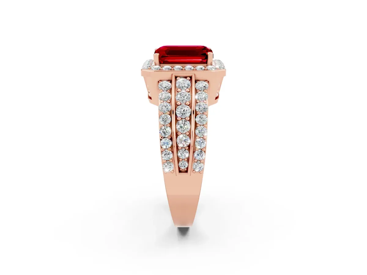 Emerald Cut Halo Ruby Ring with Round Split Shank and Prong Setting Rose gold
