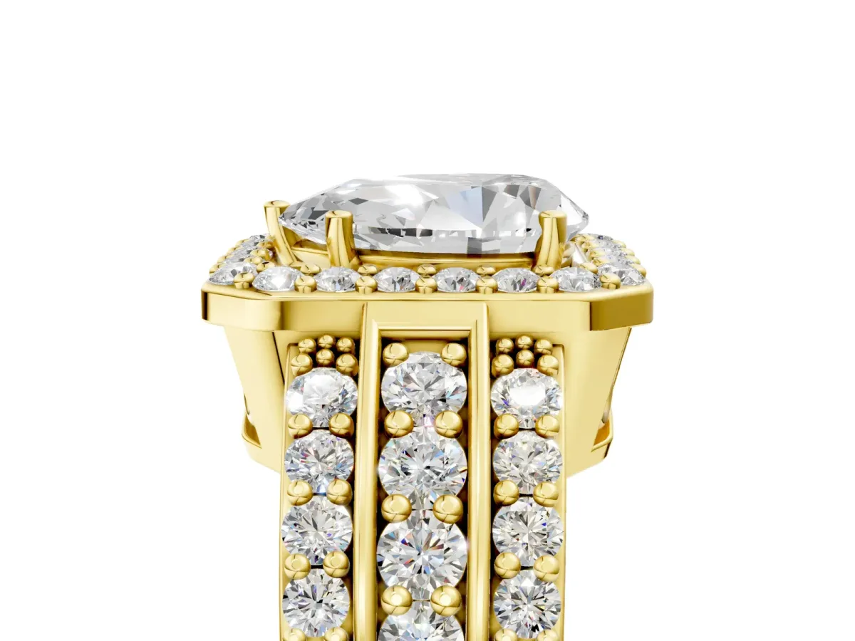 Pear Cut Halo Diamond Ring with Round Split Shank and Prong Setting Yellow gold