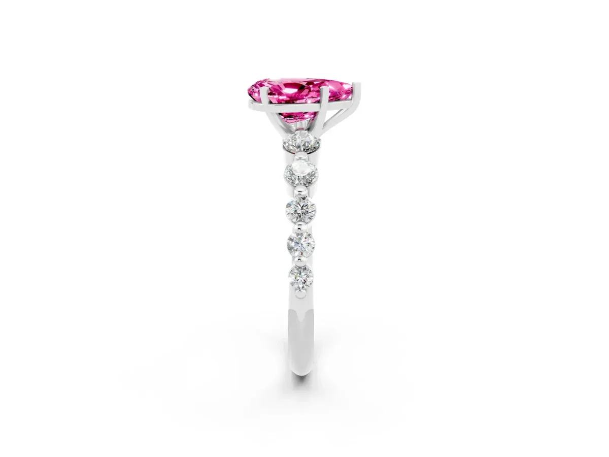 Pear Cut Solitaire Pink Sapphire Ring with Pave Band and Four-Prong Setting Silver