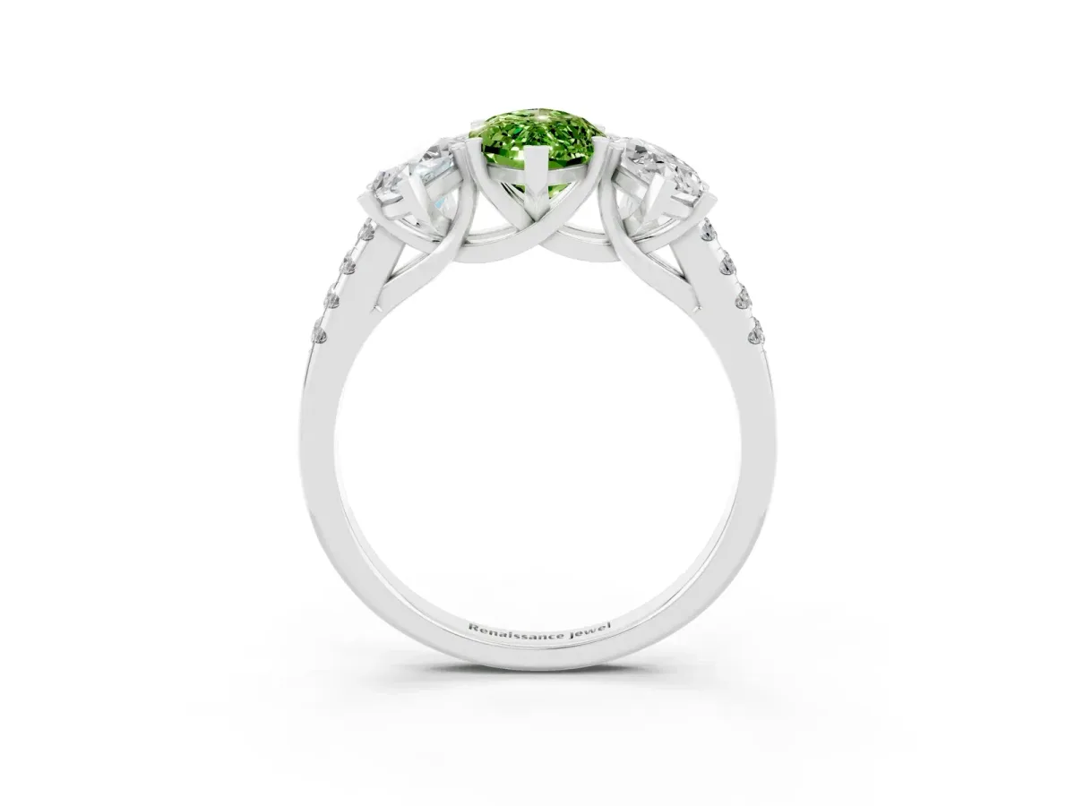 Three-Stone Marquise Cut Peridot Ring with Round Pavé Band and Prong Setting Platinum