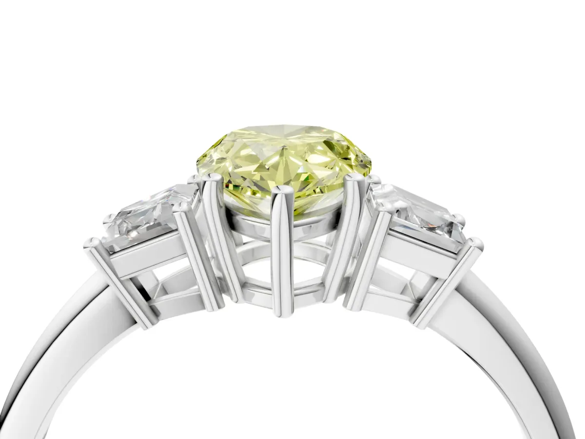 Fancy Yellow Pear Cut Diamond Three-Stone Ring with Trapezoid Side Stones and Prong Setting Platinum