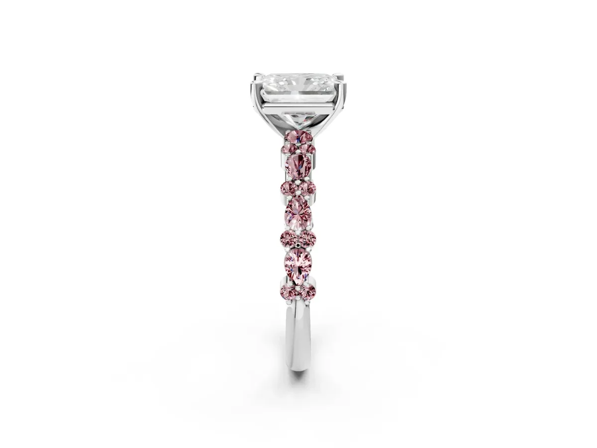 Radiant Cut Diamond Side Stone Solitaire Ring with Round Morganite and Four-Prong Setting Platinum