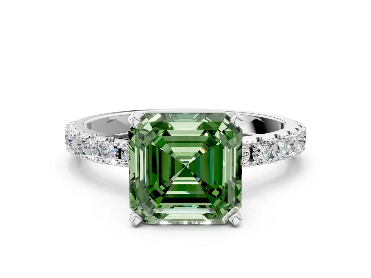 Fancy Green Asscher Cut Diamond Solitaire Pavé Band with Four-Prong Setting Silver