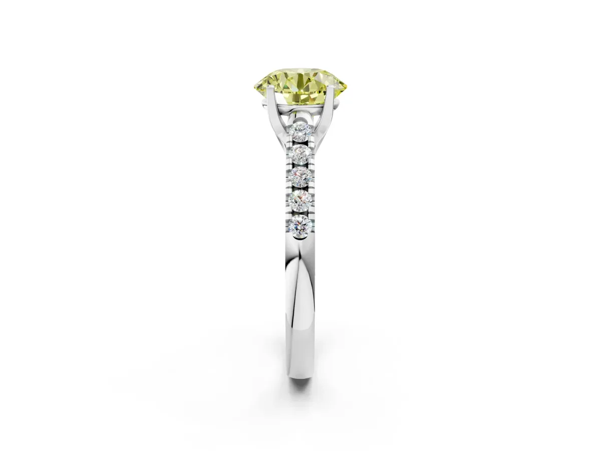 Fancy Yellow Round Cut Diamond Pavé Band Solitaire Ring with Prong Setting White gold