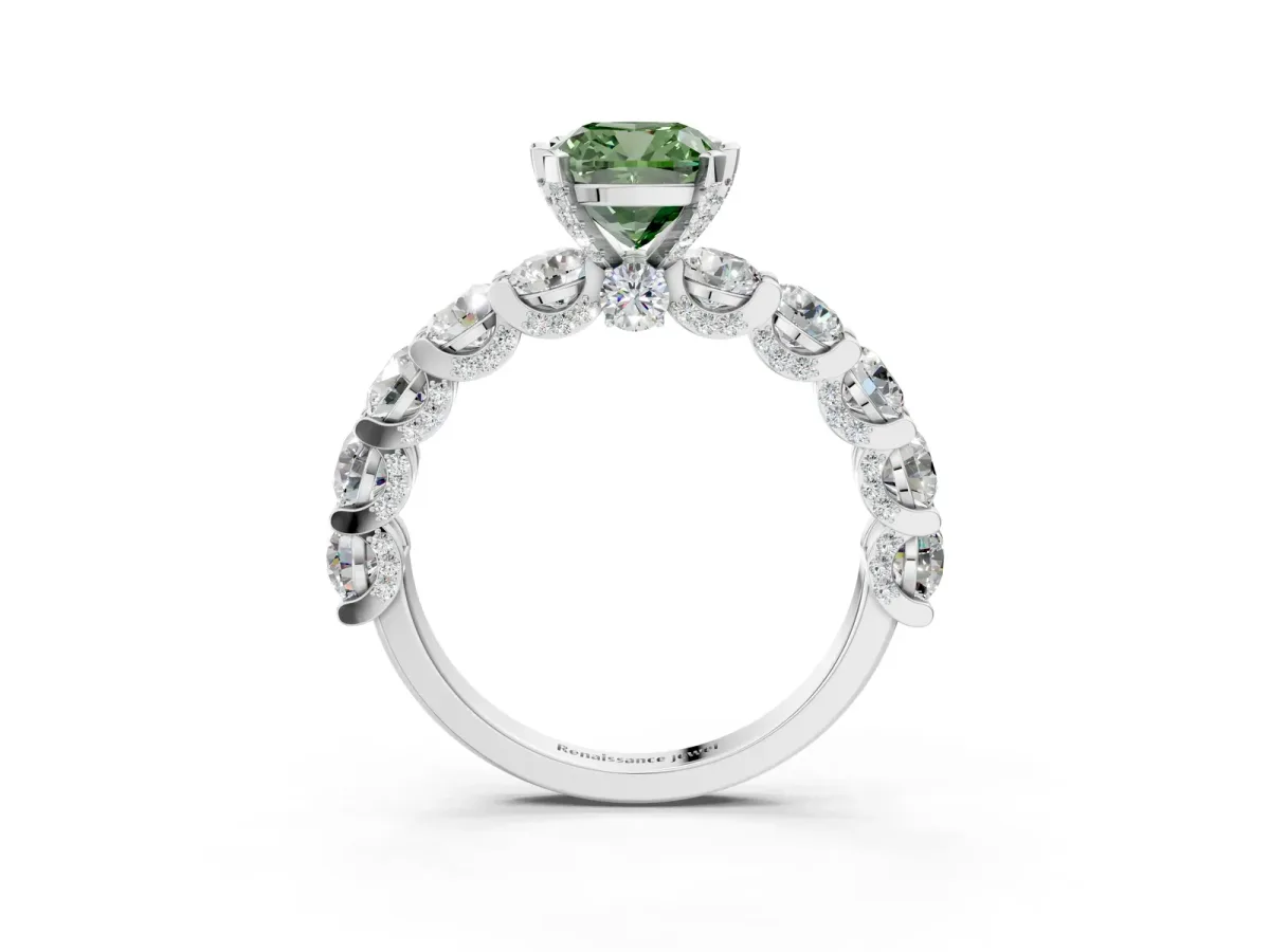 Fancy Green Cushion Cut Diamond Side Stone Engagement Ring with Four-Prong Setting White gold