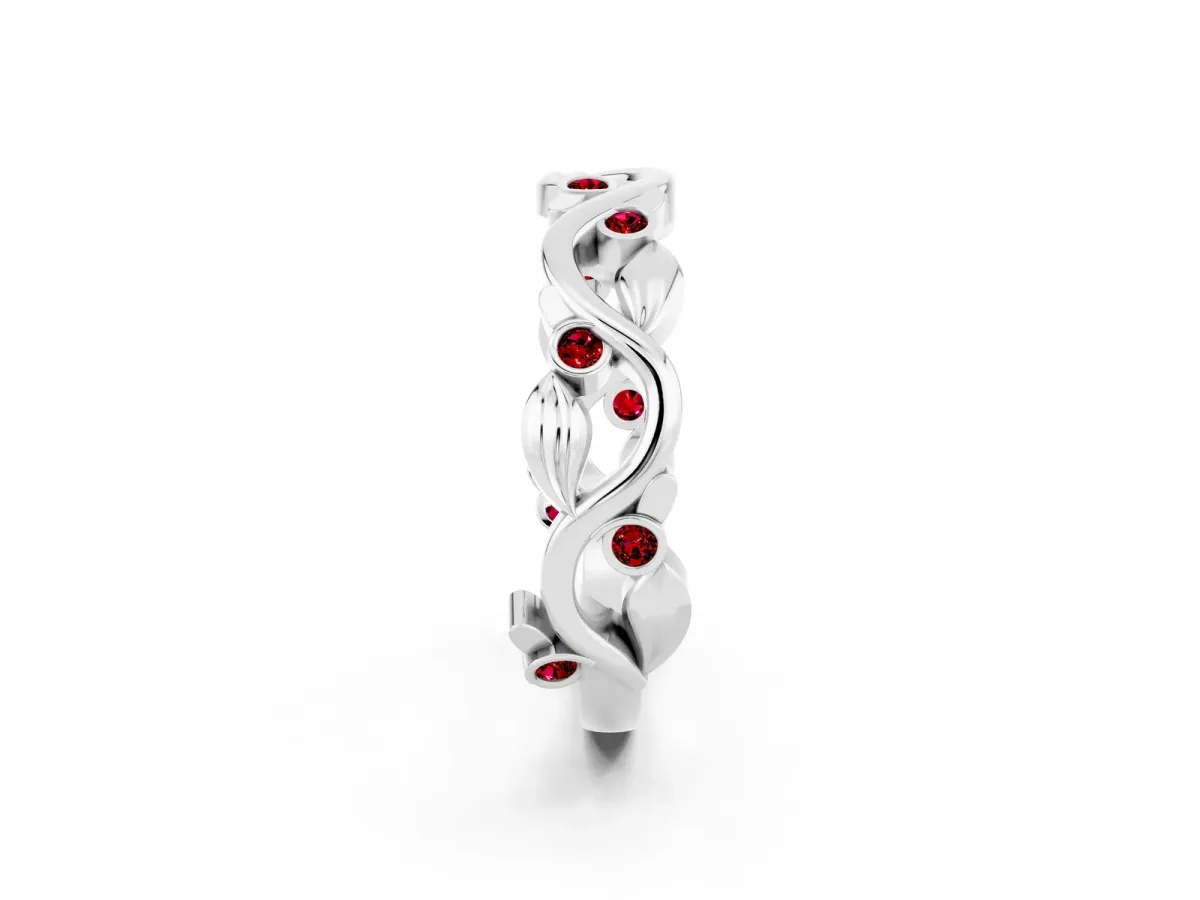 Round Ruby Leaf Eternity Band with Bezel Setting White gold