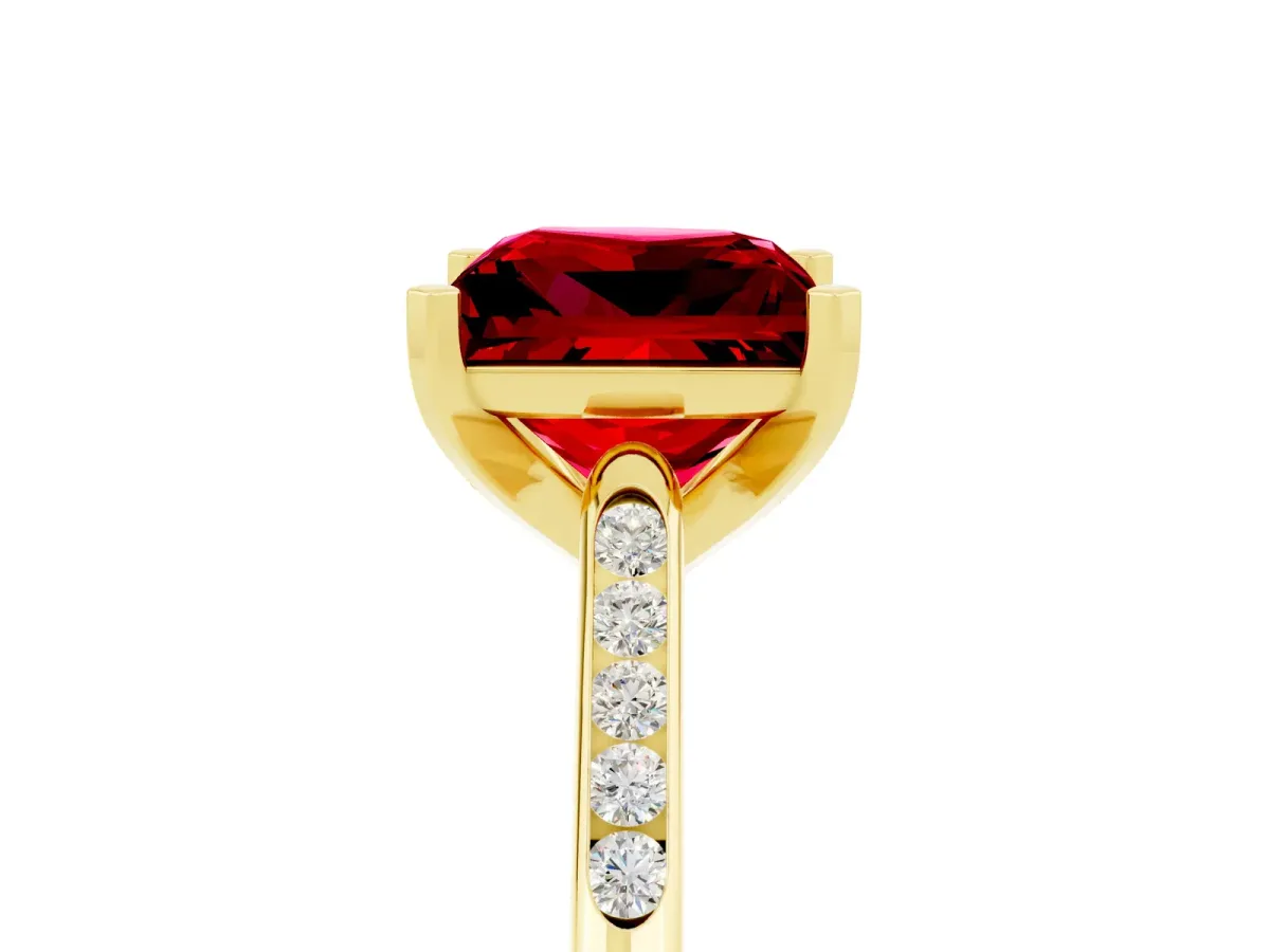 Princess Cut Ruby Solitaire Ring with Channel Set Round Band and Prong Setting Yellow gold