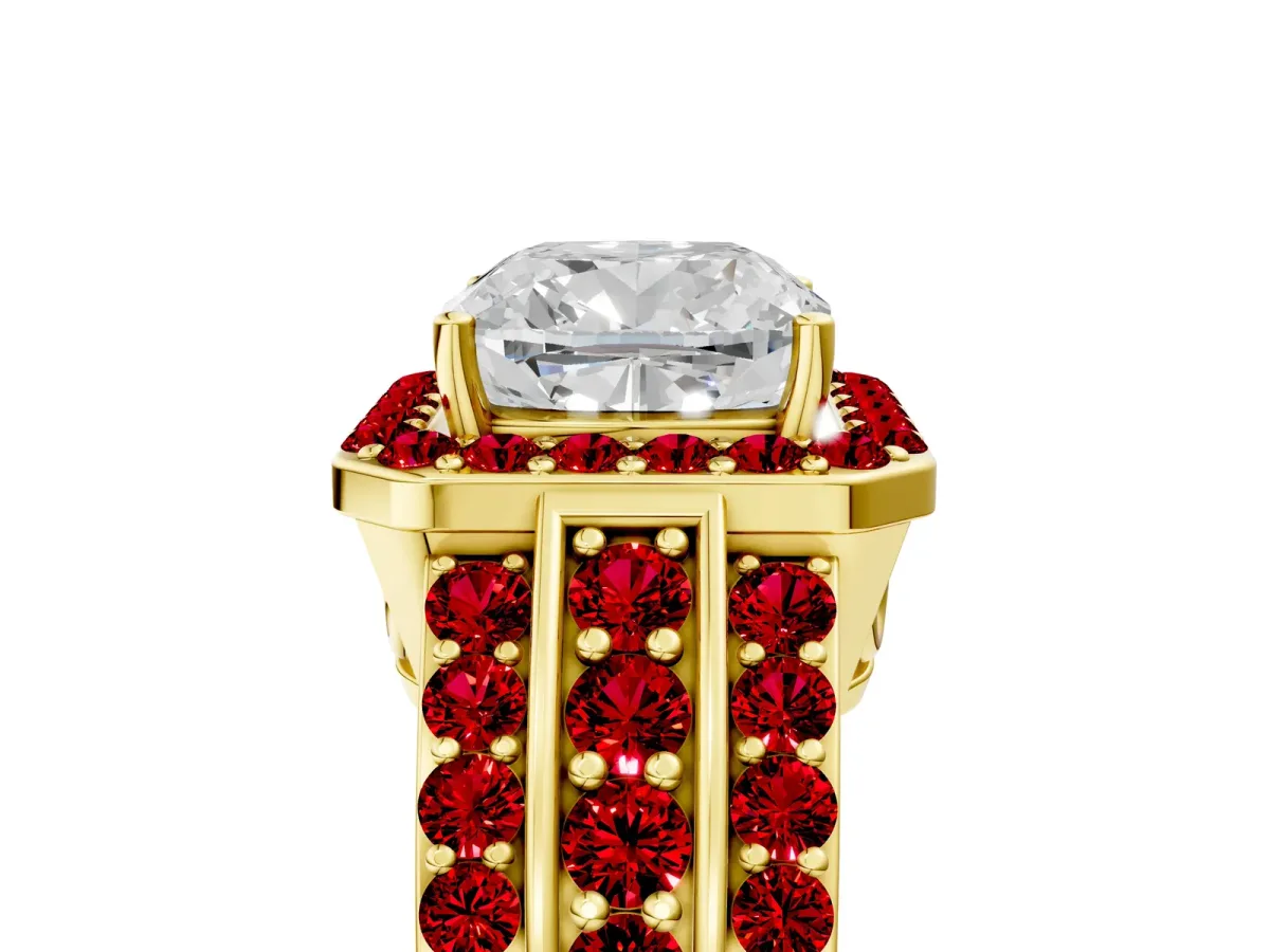 Cushion Cut Halo Diamond Ring with Round Ruby Split Shank and Prong Setting Yellow gold