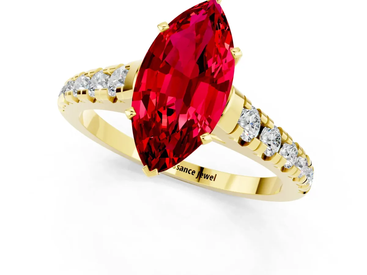 Marquise Cut Ruby Cathedral Solitaire Ring with Round Pavé Band Yellow gold