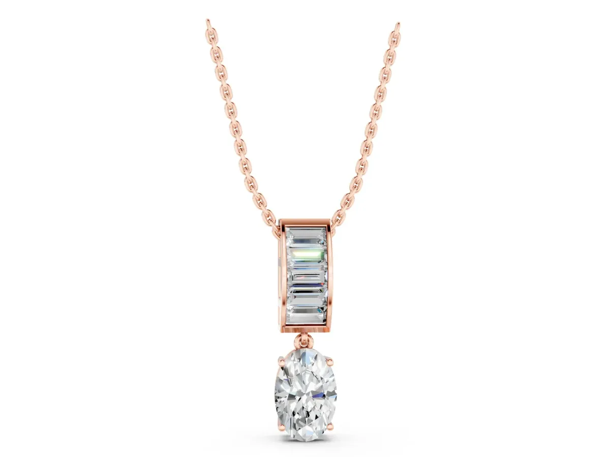 Oval and Baguette Diamond Drop Pendant Rose gold