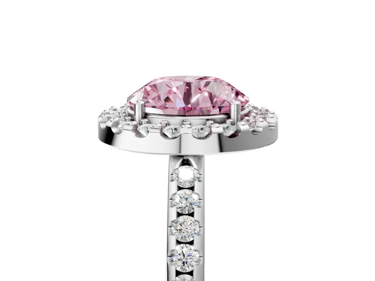 Fancy Pink Round Cut Diamond Pavé Halo Ring with Four-Prong Setting Platinum