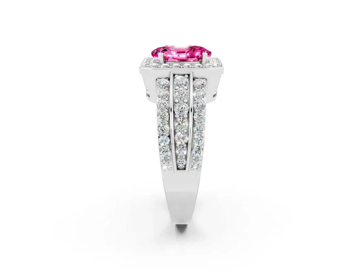 Oval Cut Halo Pink Sapphire Ring with Round Split Shank and Prong Setting Platinum