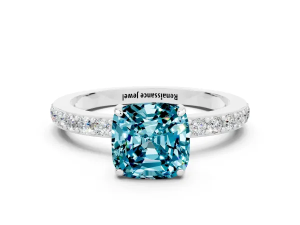 Cushion Cut Blue Topaz Solitaire Engagement Ring with Pavé Band and Four-Prong Setting Platinum