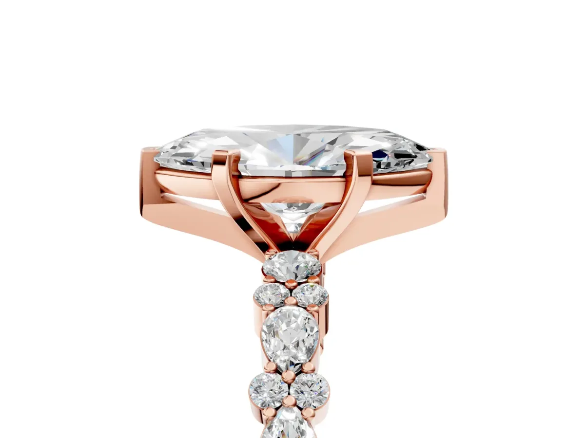 Marquise Cut Diamond Side Stone Solitaire Ring with Round and Four-Prong Setting Rose gold