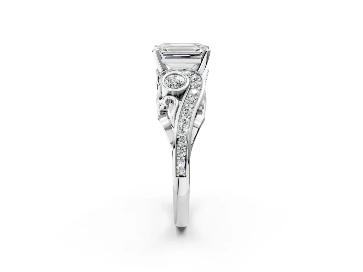 Emerald Cut Diamond Solitaire Ring with Milgrain Pavé Band and Four-Prong Setting Silver