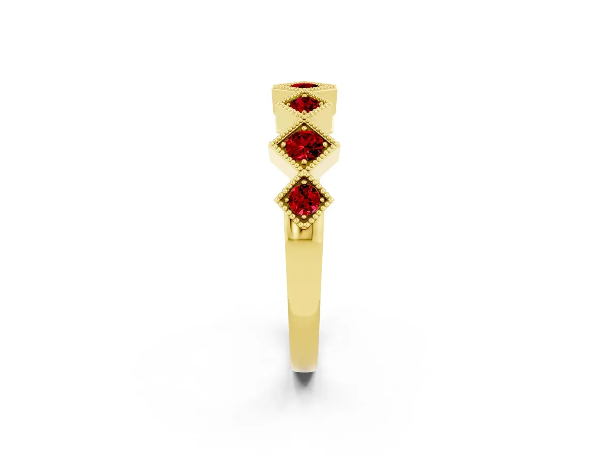 Milgrain Square Bezel Round Ruby Chevron Band Yellow gold