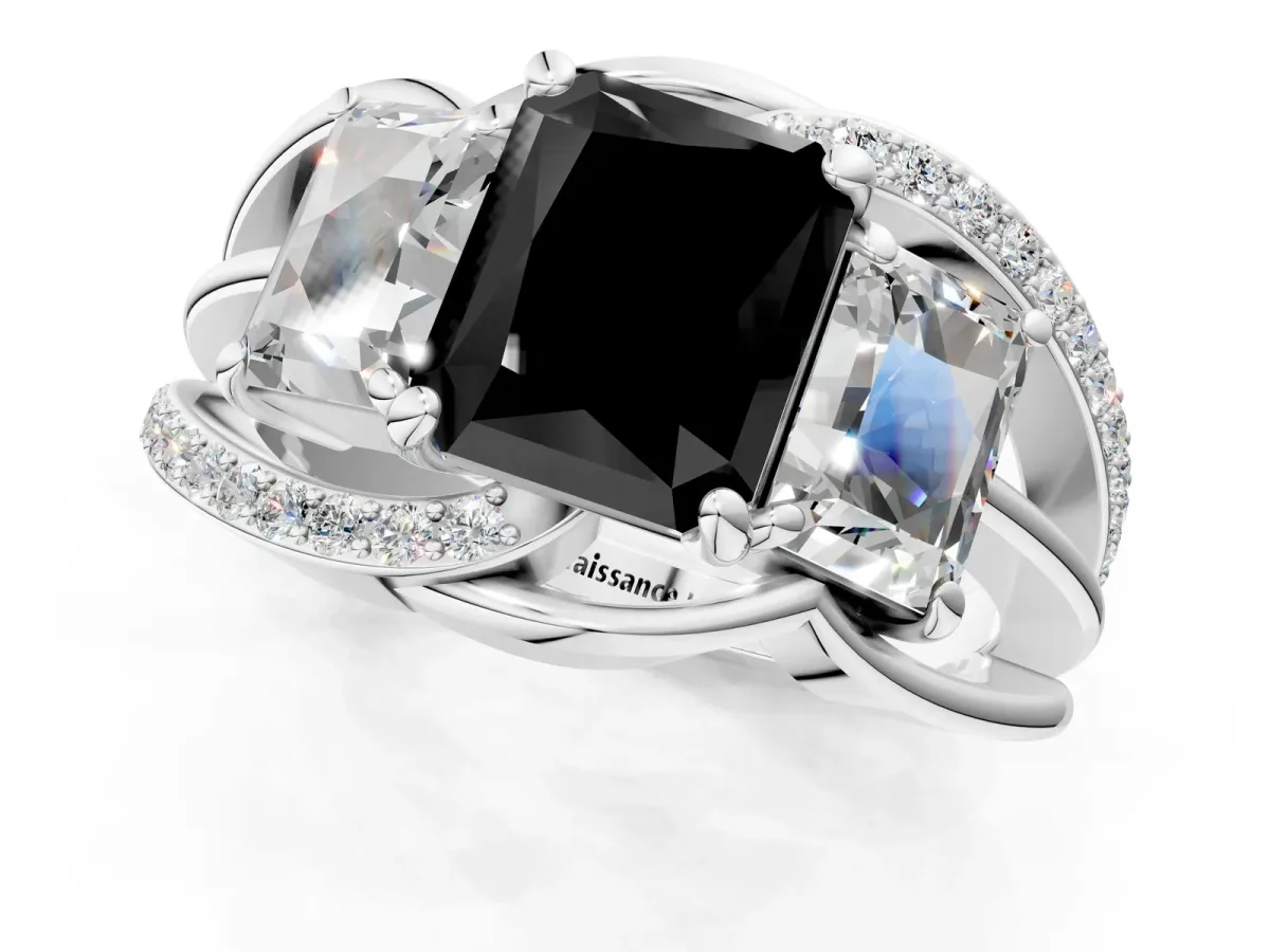 Fancy Black Three-Stone Radiant Cut Cut Diamond Split Shank Prong Set Ring Platinum