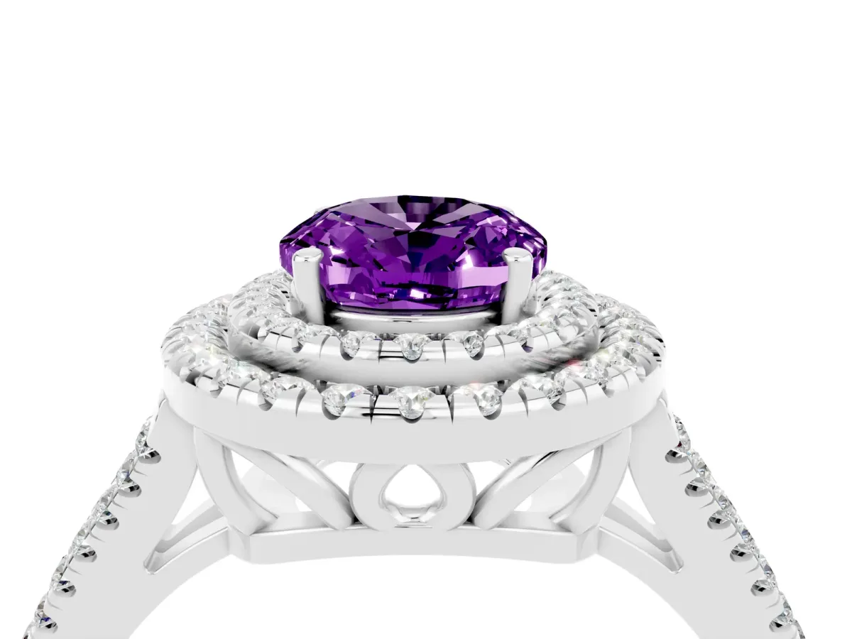 Oval Cut Amethyst Double Halo Ring with Pavé Band and Prong Setting Silver