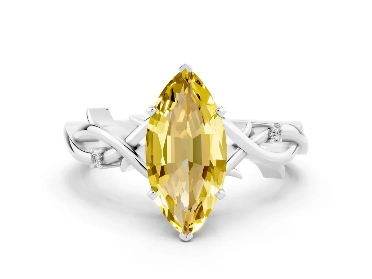 Marquise Cut Yellow Sapphire Solitaire Ring with Twisted Band and Prong Setting Silver